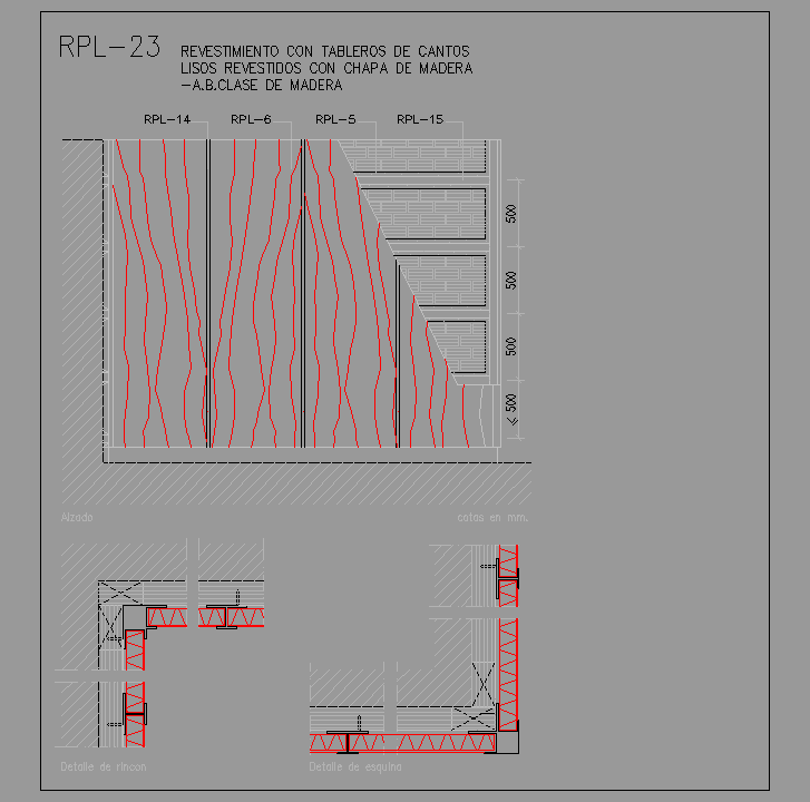 Bloque Autocad Revestimiento con tableros de cantos lisos revestidos con chapa de madera